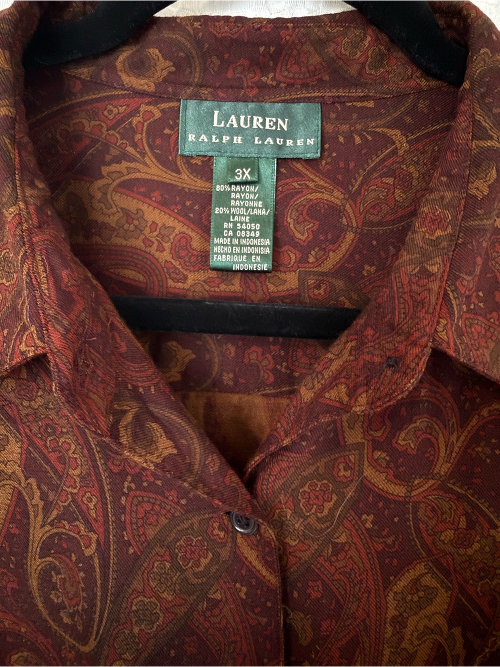 Lauren Ralph Lauren 3X Brown Paisley Rayon Wool Button Down Blouse - Picture 5 of 7